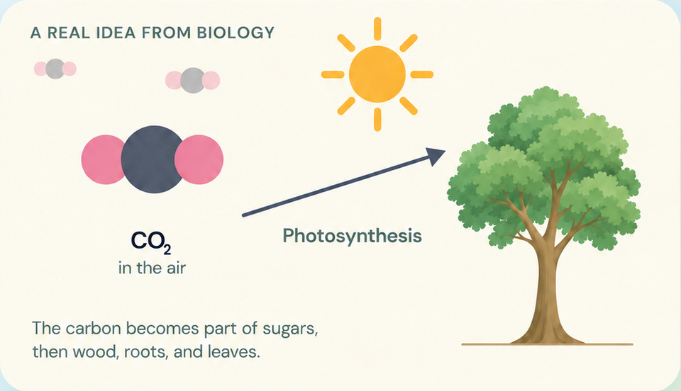 A sun above photosynthesis, carbon dioxide in the air, and a tree. Carbon becomes part of sugars, then wood, roots, and leaves.